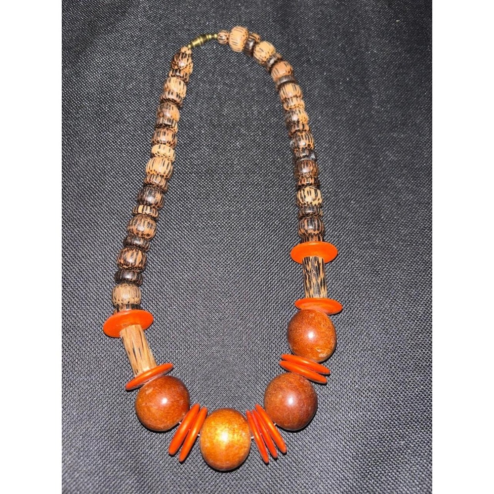 Handmade Chunky Wood Bead Necklace Brown Orange Palm Wood Boho Statement Jewelry